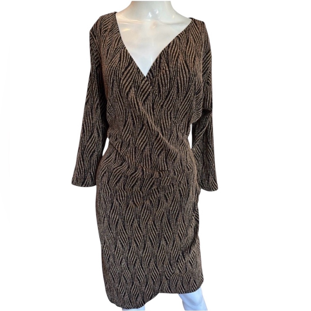 Zenobia Black Dress with Gold Wave Pattern Asymmetrical Wrap Style Women’s 2X